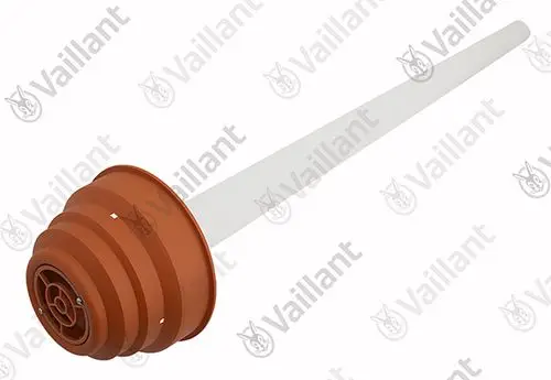 Vaillant Abgashaube in Rot mit angeschlossenem Abgasrohr, erkennbar durch die gewellte Form und die Verbindungsmöglichkeit für ein Abgasleitungssystem.